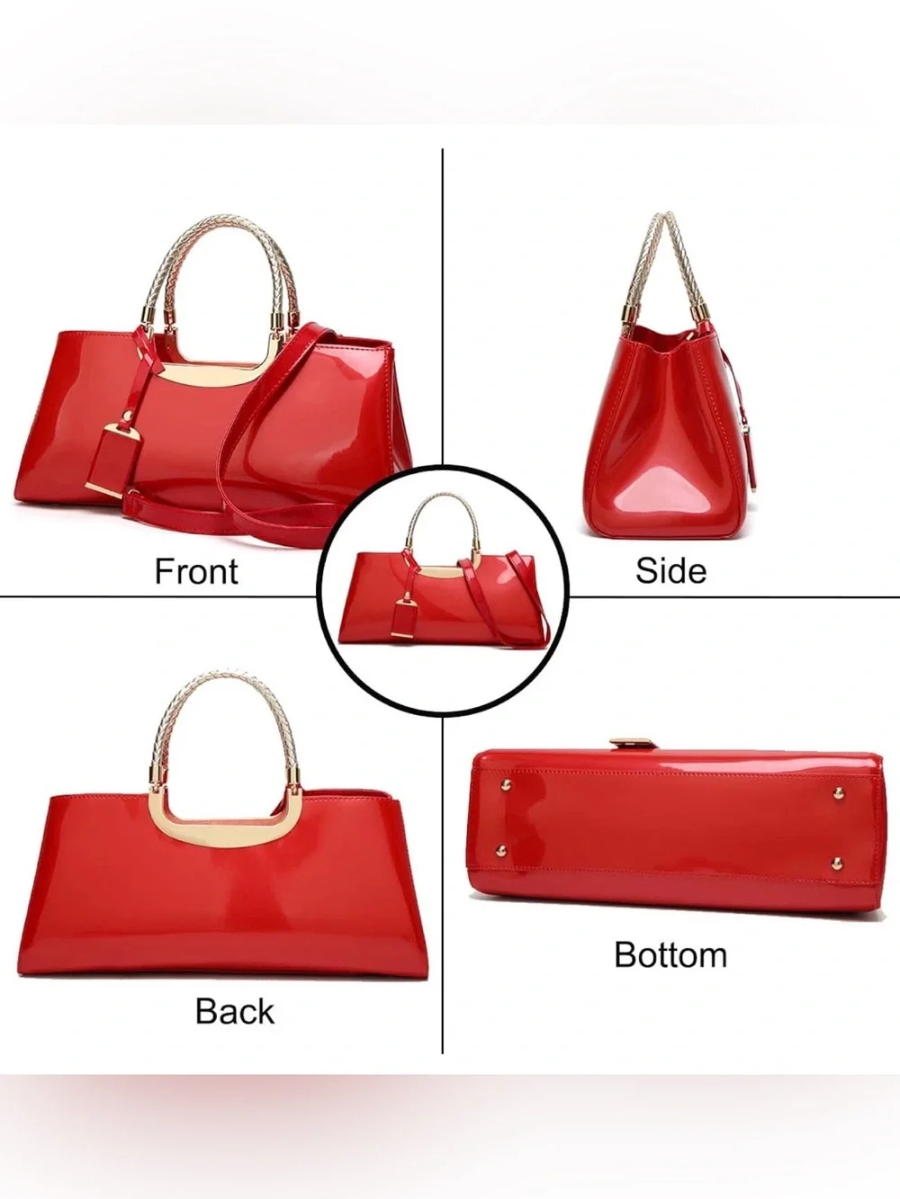 Glossy Women Handbag Faux Patent Leather Top-Handle Bag Structured Shoulder Bag